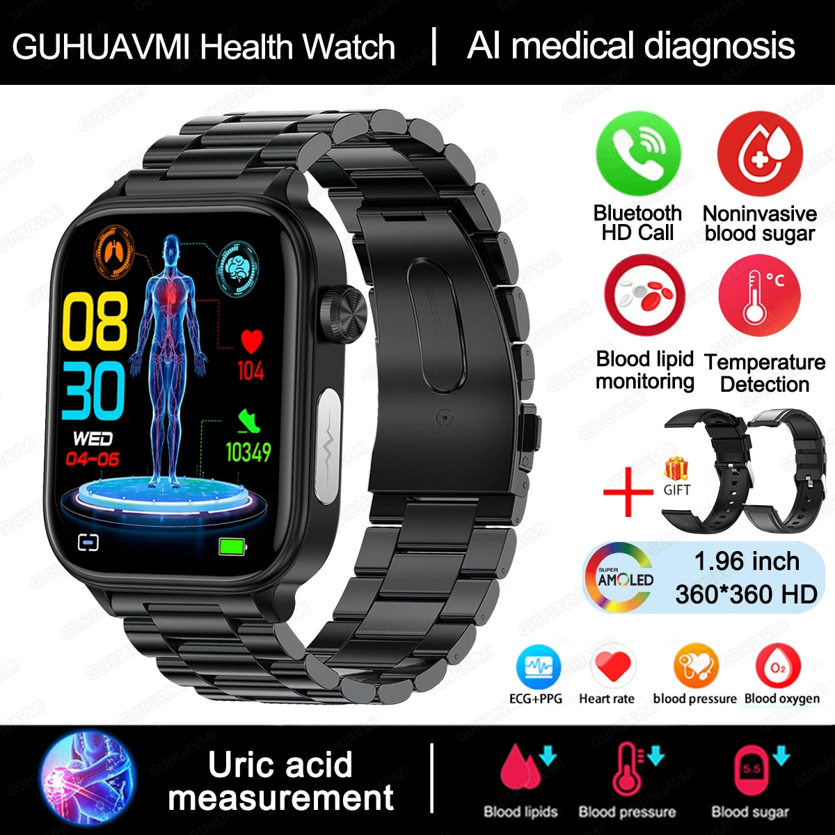 2024New AI Medical Diagnosis Blood Lipids Uric Acid Blood Glucose Smart Watch Men ECG+PPG Voice Bluetooth Call Health Smartwatch