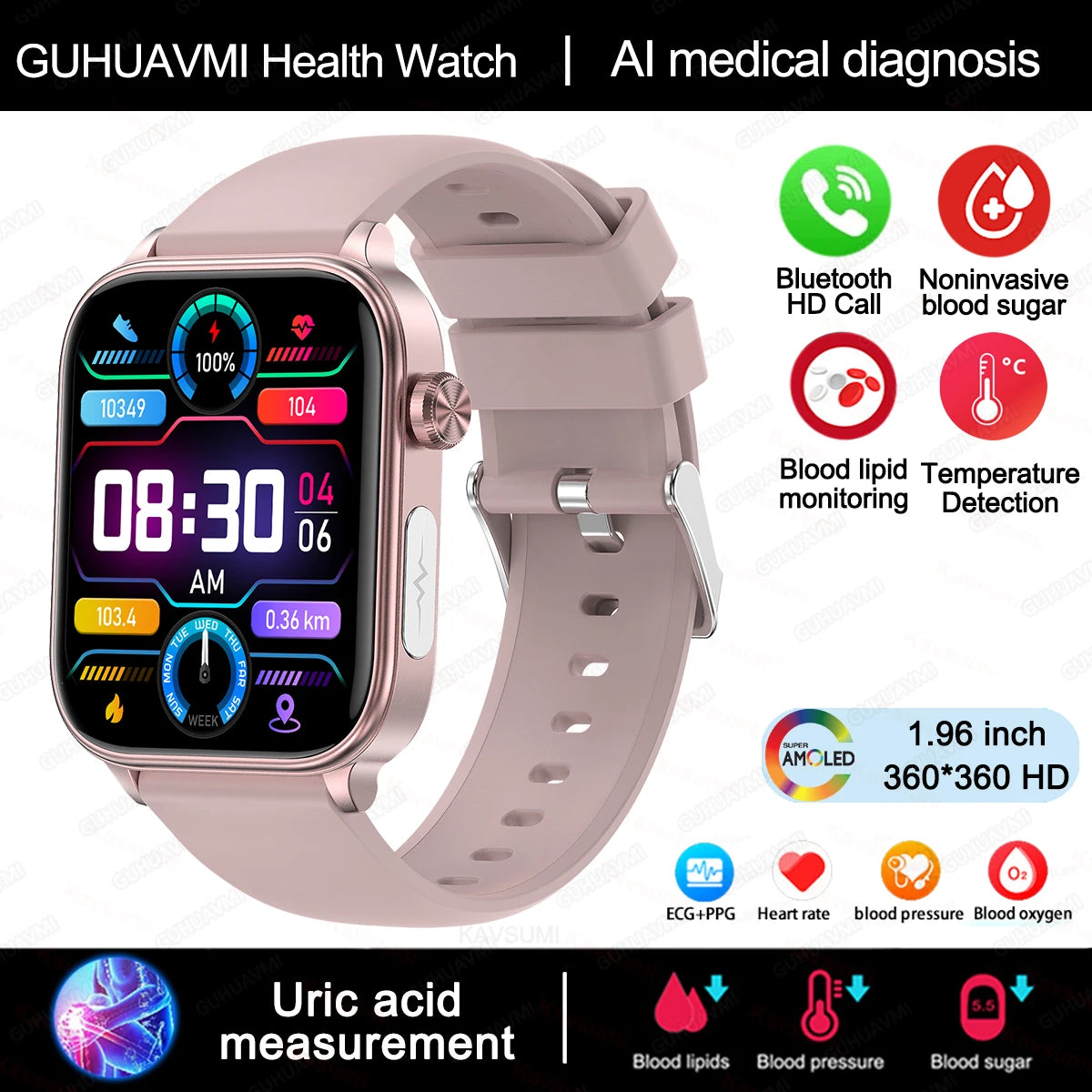 2024New AI Medical Diagnosis Blood Lipids Uric Acid Blood Glucose Smart Watch Men ECG+PPG Voice Bluetooth Call Health Smartwatch