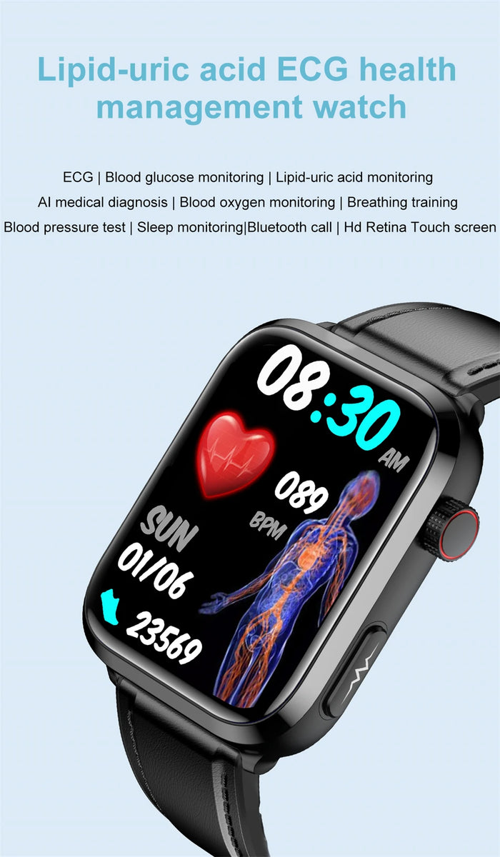 2024New AI Medical Diagnosis Blood Lipids Uric Acid Blood Glucose Smart Watch Men ECG+PPG Voice Bluetooth Call Health Smartwatch