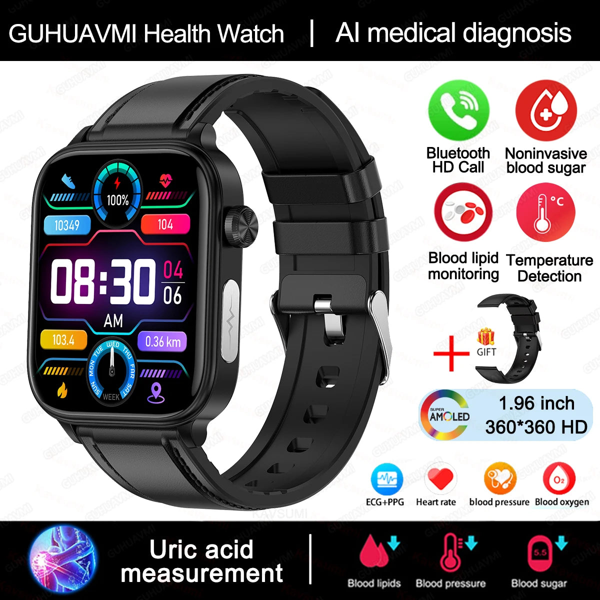 2024New AI Medical Diagnosis Blood Lipids Uric Acid Blood Glucose Smart Watch Men ECG+PPG Voice Bluetooth Call Health Smartwatch