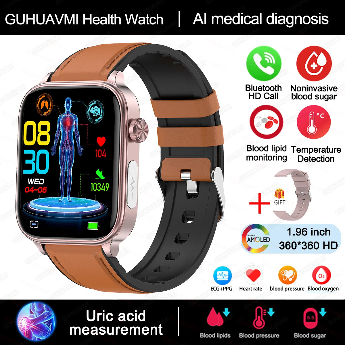 2024New AI Medical Diagnosis Blood Lipids Uric Acid Blood Glucose Smart Watch Men ECG+PPG Voice Bluetooth Call Health Smartwatch