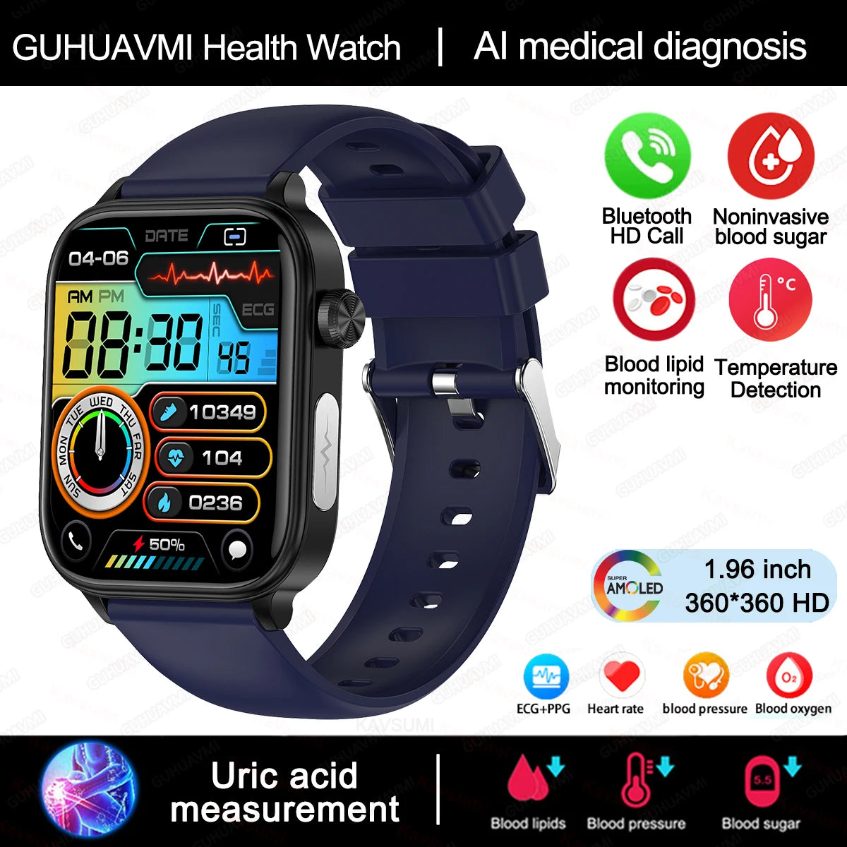 2024New AI Medical Diagnosis Blood Lipids Uric Acid Blood Glucose Smart Watch Men ECG+PPG Voice Bluetooth Call Health Smartwatch