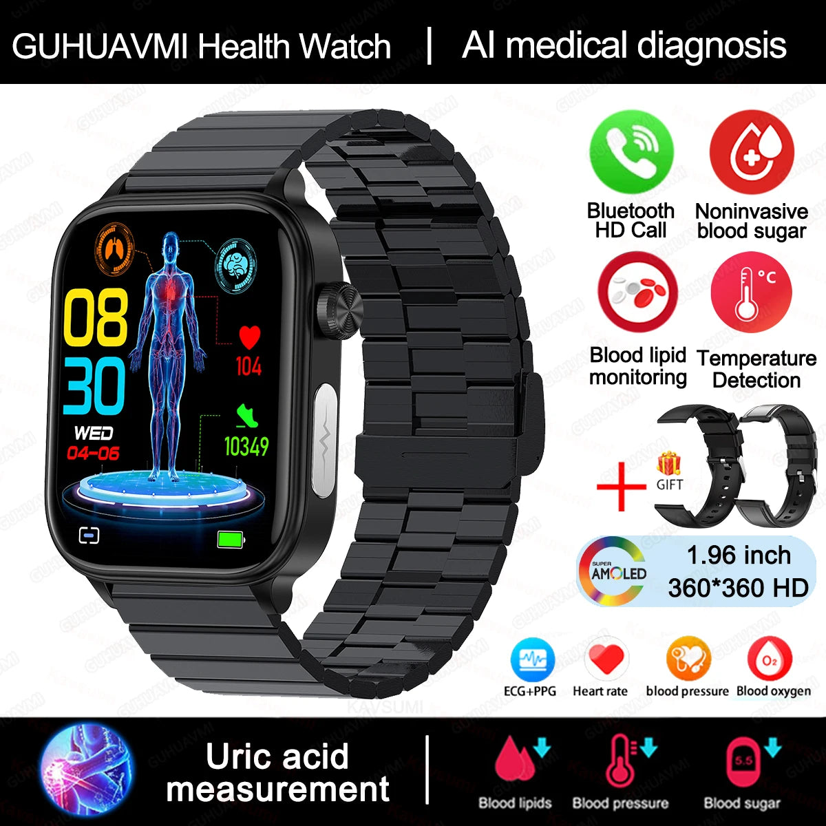 2024New AI Medical Diagnosis Blood Lipids Uric Acid Blood Glucose Smart Watch Men ECG+PPG Voice Bluetooth Call Health Smartwatch