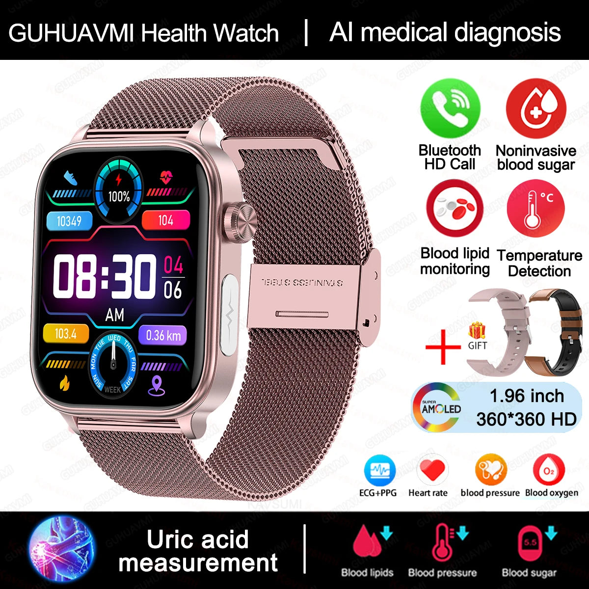 2024New AI Medical Diagnosis Blood Lipids Uric Acid Blood Glucose Smart Watch Men ECG+PPG Voice Bluetooth Call Health Smartwatch