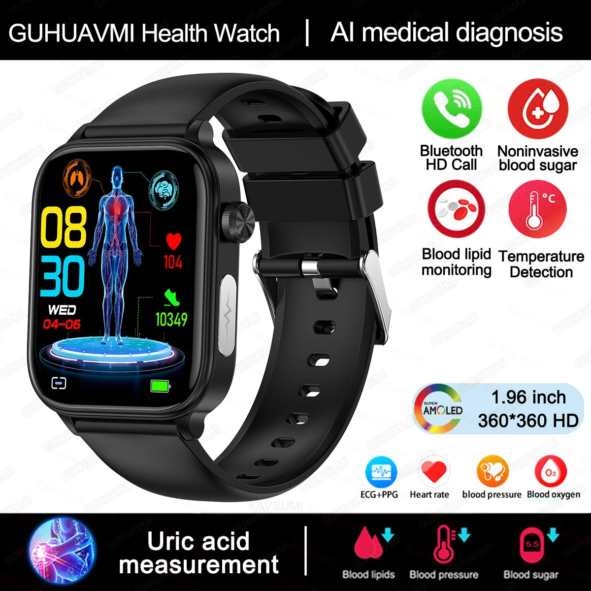 2024New AI Medical Diagnosis Blood Lipids Uric Acid Blood Glucose Smart Watch Men ECG+PPG Voice Bluetooth Call Health Smartwatch